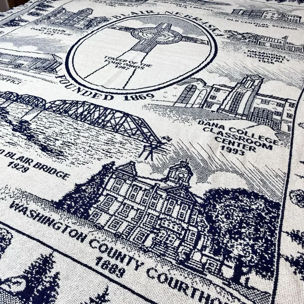 Vintage Blair Nebraska Tapestry Throw Blanket Blue & White Approx 60x48